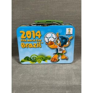 2014 FIFA World Cup Brazil Tin Lunch Box with Panini Stickers and Cards Fuleco